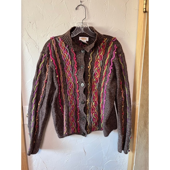 Talbots Sweaters - Talbots Womens XL Brown Marled Cardigan Multi Color Cable Knit Pom Pom Sweater